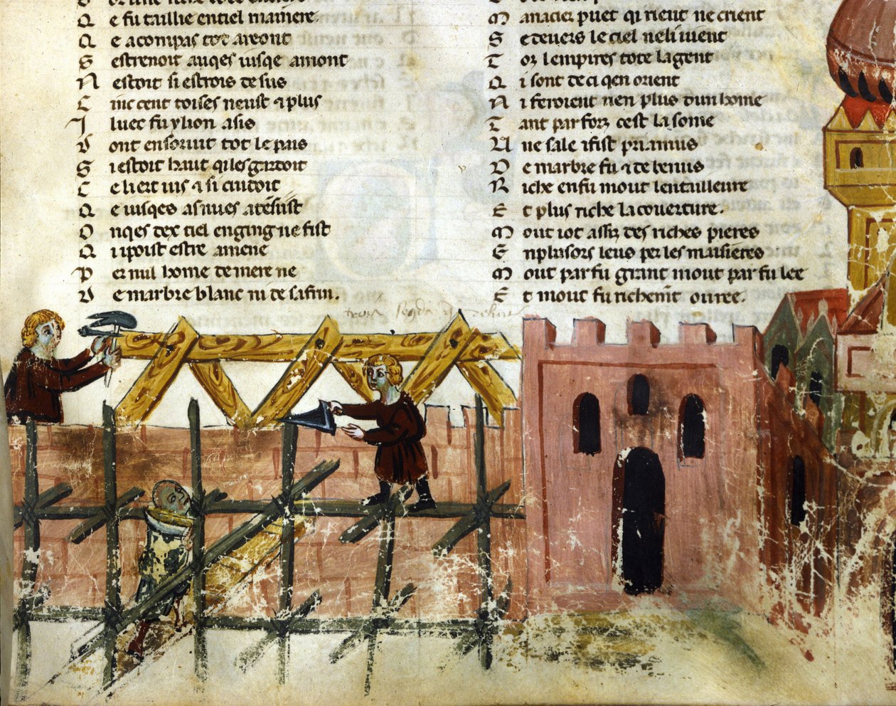 Byggescene. Miniature af "Roman de Troy"" af Benoit de Saint Maure. Biblioteca Marciana fra det 14. århundrede, Venedig af Unknown artist