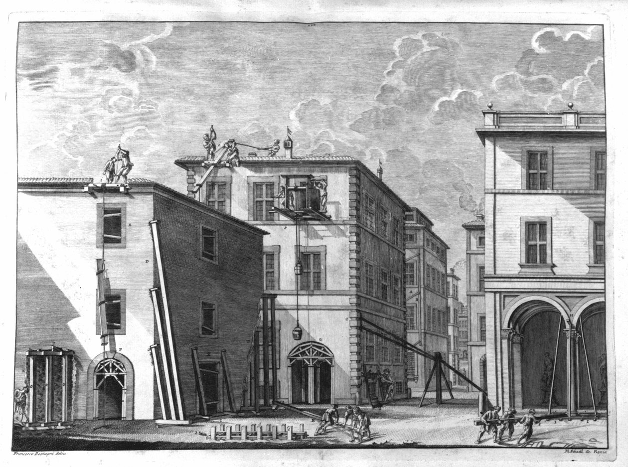 Byggescene i begyndelsen af 1700-tallet. Gravering fra en afhandling af Nicola Zabaglia. af Unknown artist