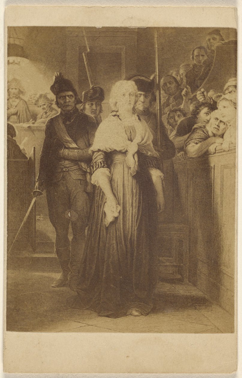 [Kopi af et uidentificeret maleri: kvinder føres ind i en retssal af mænd med rifler og sværd]. af Unknown artist