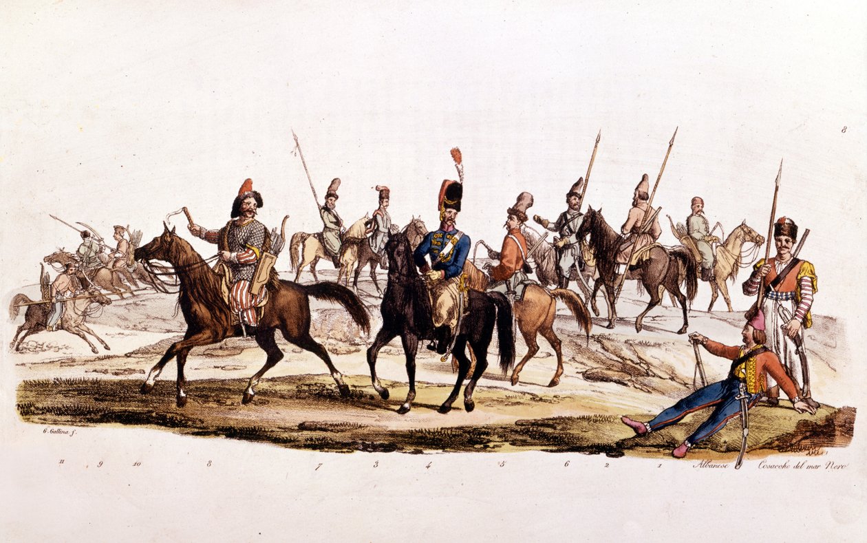 Kosakker: 1. 2. Kosak 3. Kosak af Don 4¡ Officielle Kosak af Don 5¡ Kosak Chernomowskij 6¡ Kosak af Ural 7¡ Regular Cossack 8¡ Bashkir 9¡ og 10¡ Kalmouk af Unknown artist