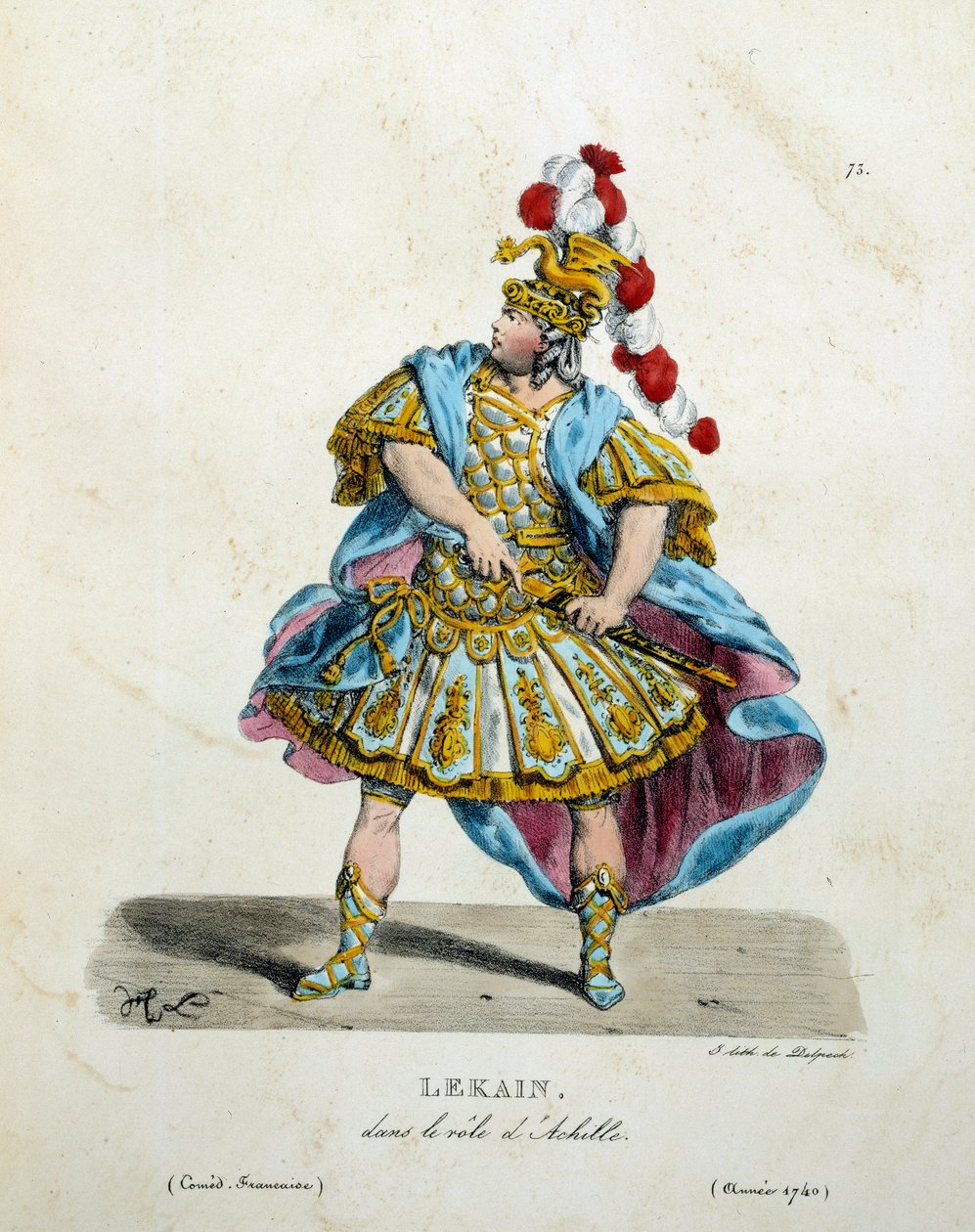 Kostume af Lekain (Henri Louis Cain (Henri-Louis Le Kain) (1729-1778) i rollen som Achilleus i 1740. Fransk komedie-teaterkostume af Hippolyte Lecomte (1781-1857) af Unknown artist