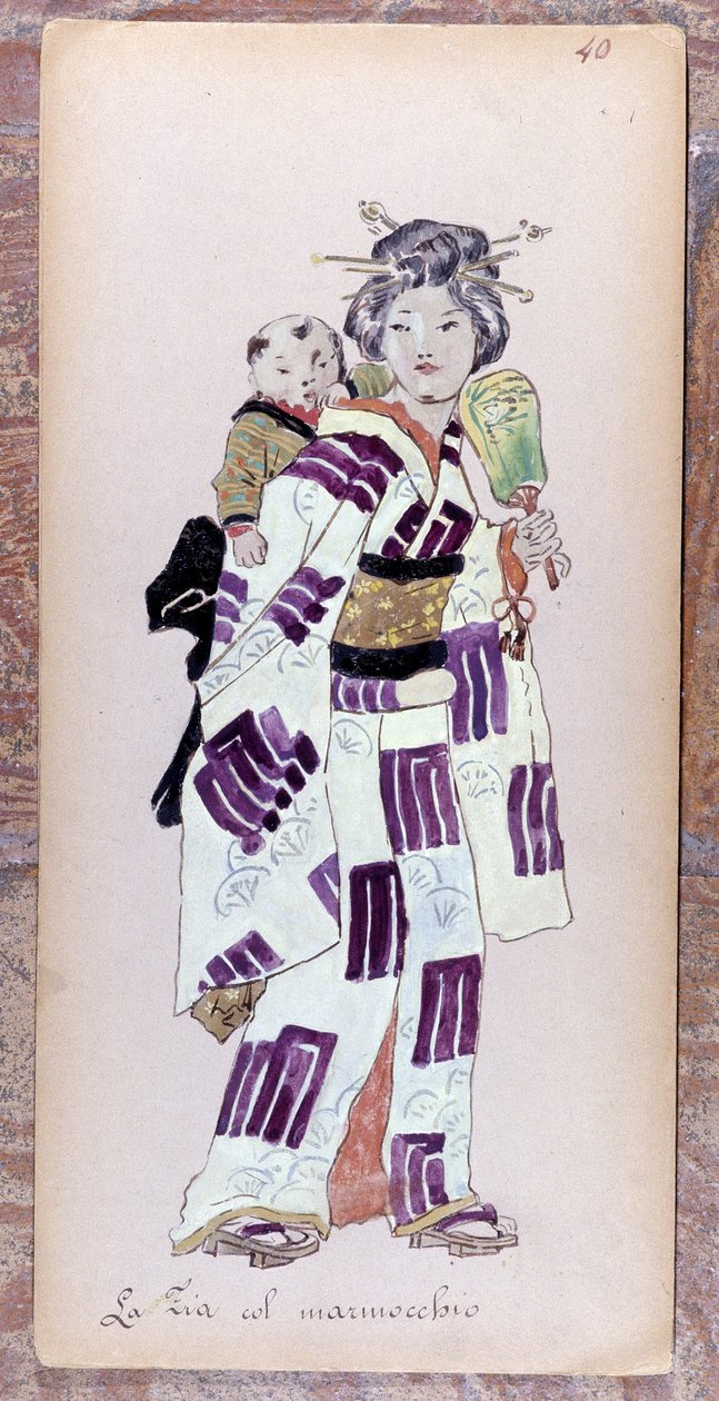 Costume de la zia con il marmocchio (barn) til skabelsen af Madame Butterfly af Giacomo Puccini i 1904. Samling af Museo della Scala i Milano. af Unknown artist