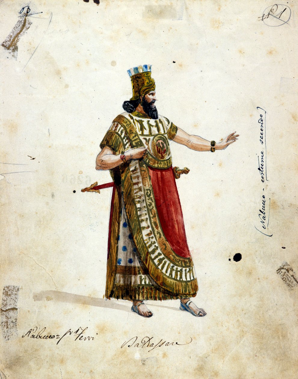 Kostume af Nabukadnezzar, konge af Babylon, i operaen af Giuseppe Verdi (1813 - 1901), "" Nabucco""" først kaldet "Nabucodonosor""". Musée de la Scala af Unknown artist