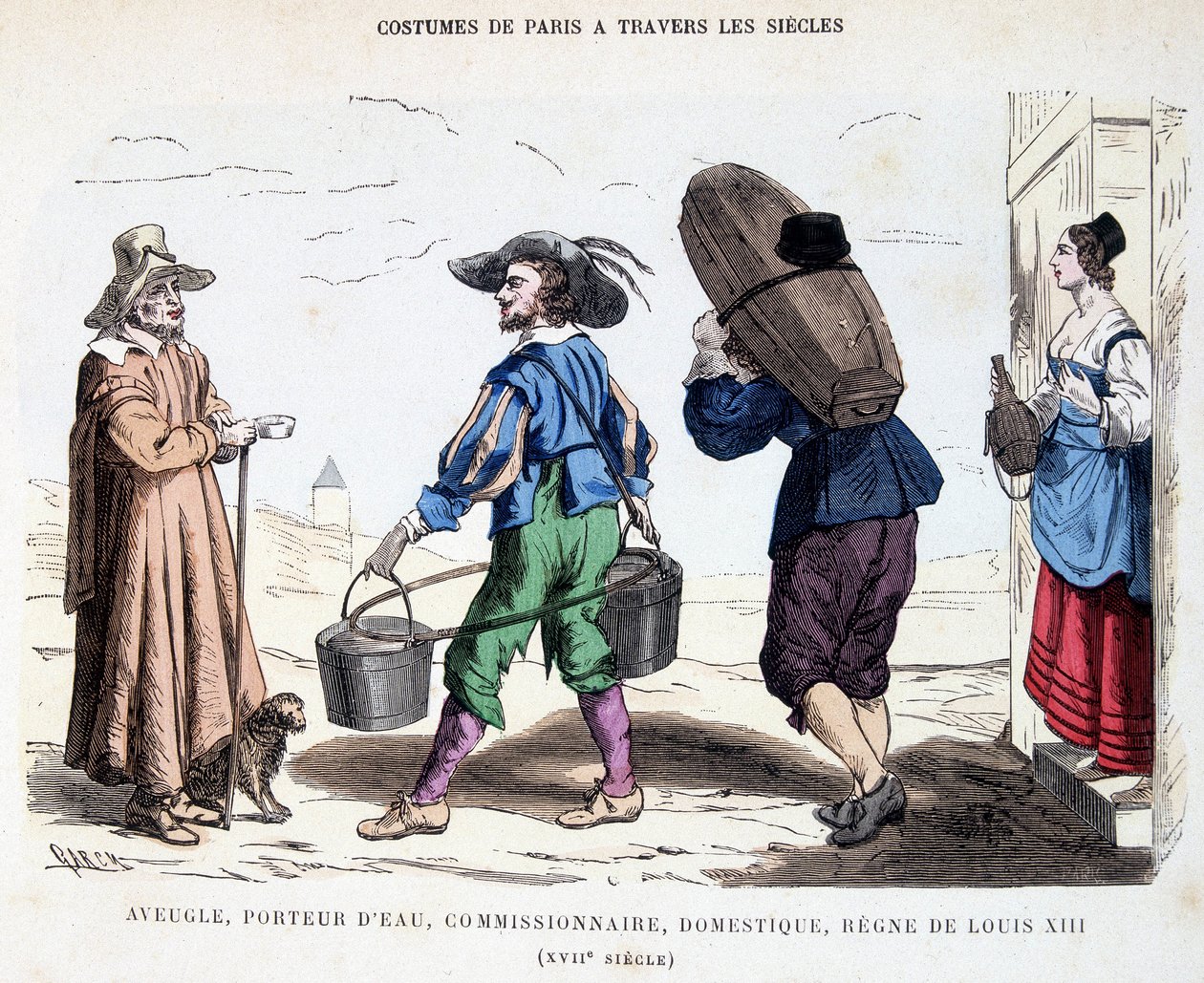 Kostume af en blind mand, en vandbærer, en kommissær, en tjener i det 17. århundrede under Ludvig XIII. I Paris