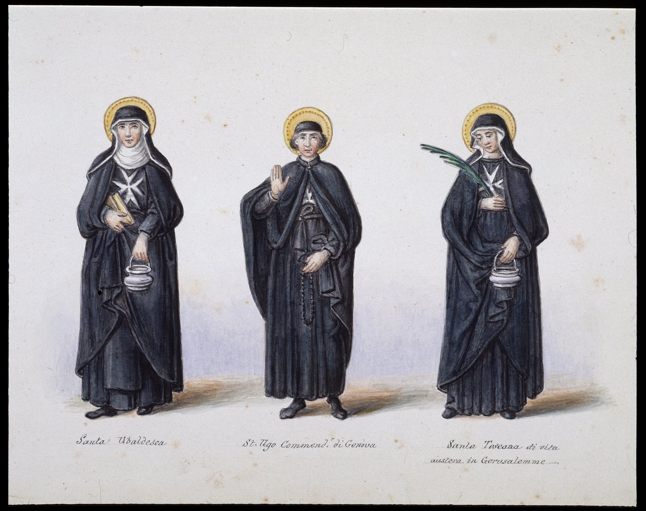 Kostumer: 1. Santa Ubaldesca, 2. St Ugo Commendant di Genova, 3. Santa Toscana di vita. sd. 19. århundrede af Unknown artist