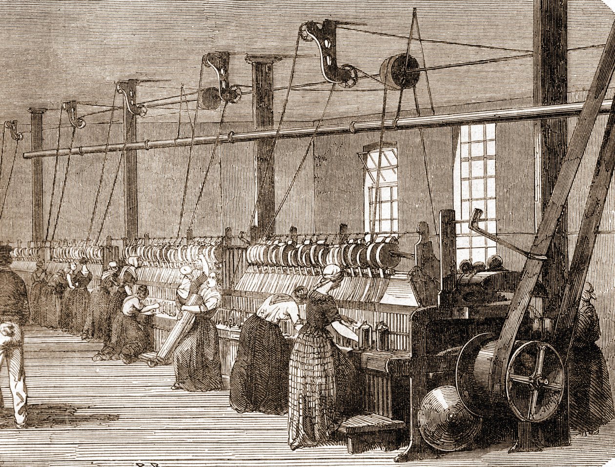 Bomuldsvæveværksted. 1860 gravering. af Unknown artist