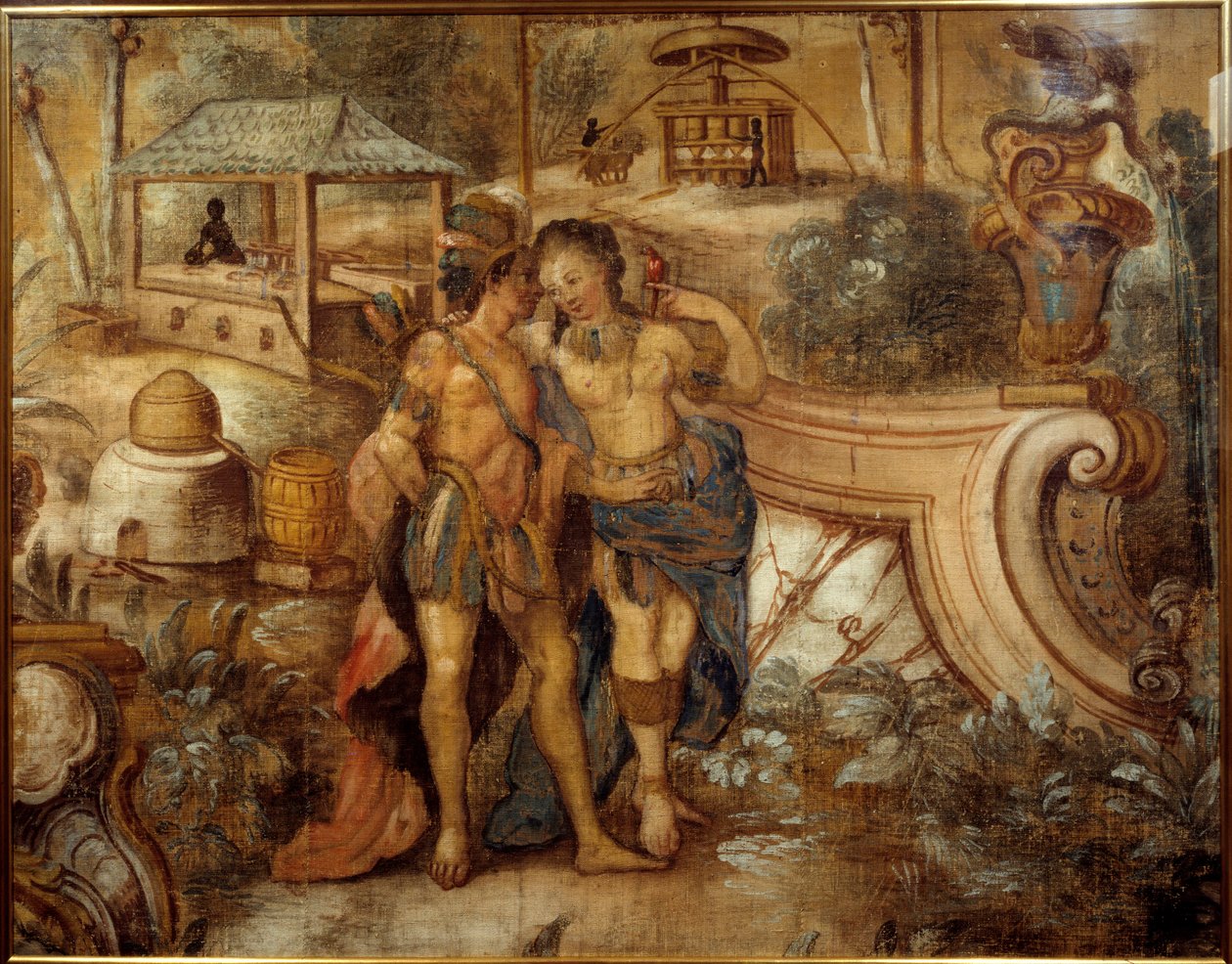 Par en kvinde med en indianer foran en sukkerplantage i Vestindien. Anonymt maleri af Unknown artist
