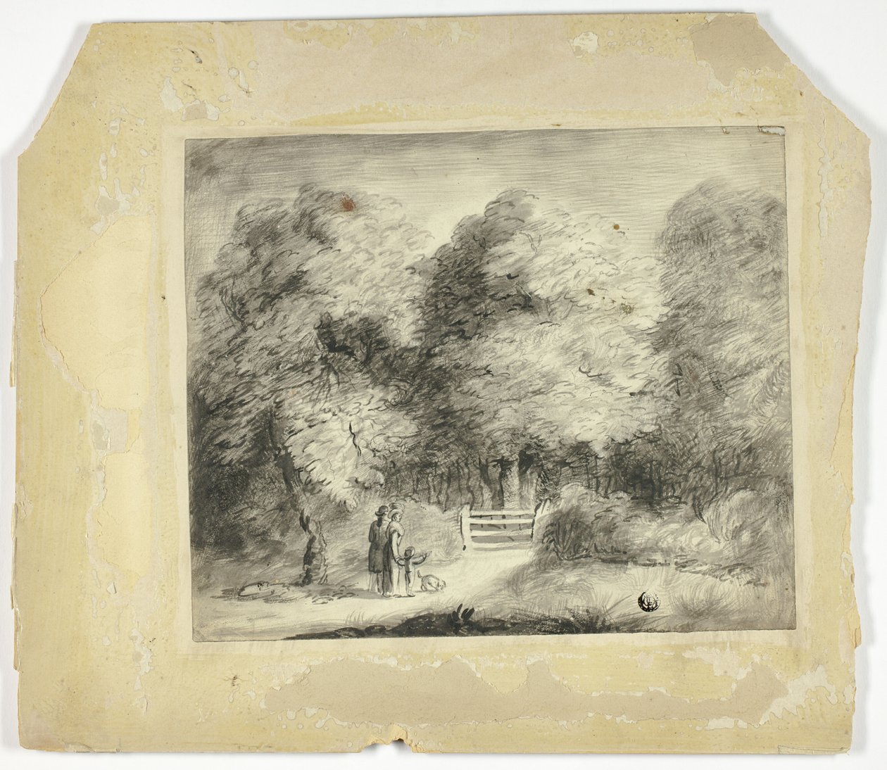 Par med barn og hund ved indgangen til parken af Unknown artist
