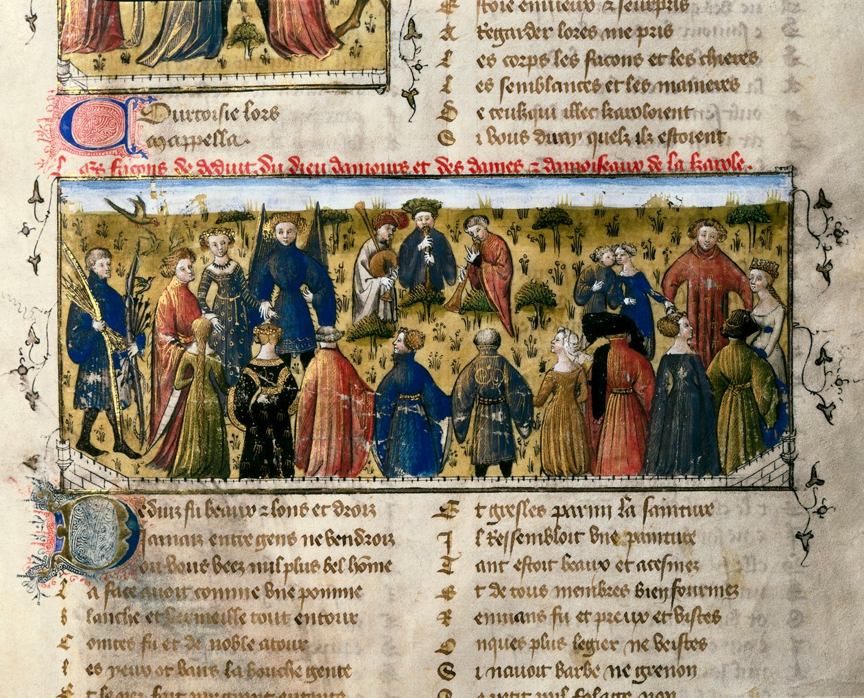 Hofunderholdning: dans og spil. Scenen foregår i nærvær af guderne for kærlighed, skønhed, levering, franchise, høflighed og ungdom. Miniature fra "" The Roman of the Rose ". Valencia fra det 14. århundrede. Universitetsbiblioteket. ©AISA/Leemage af Unknown artist
