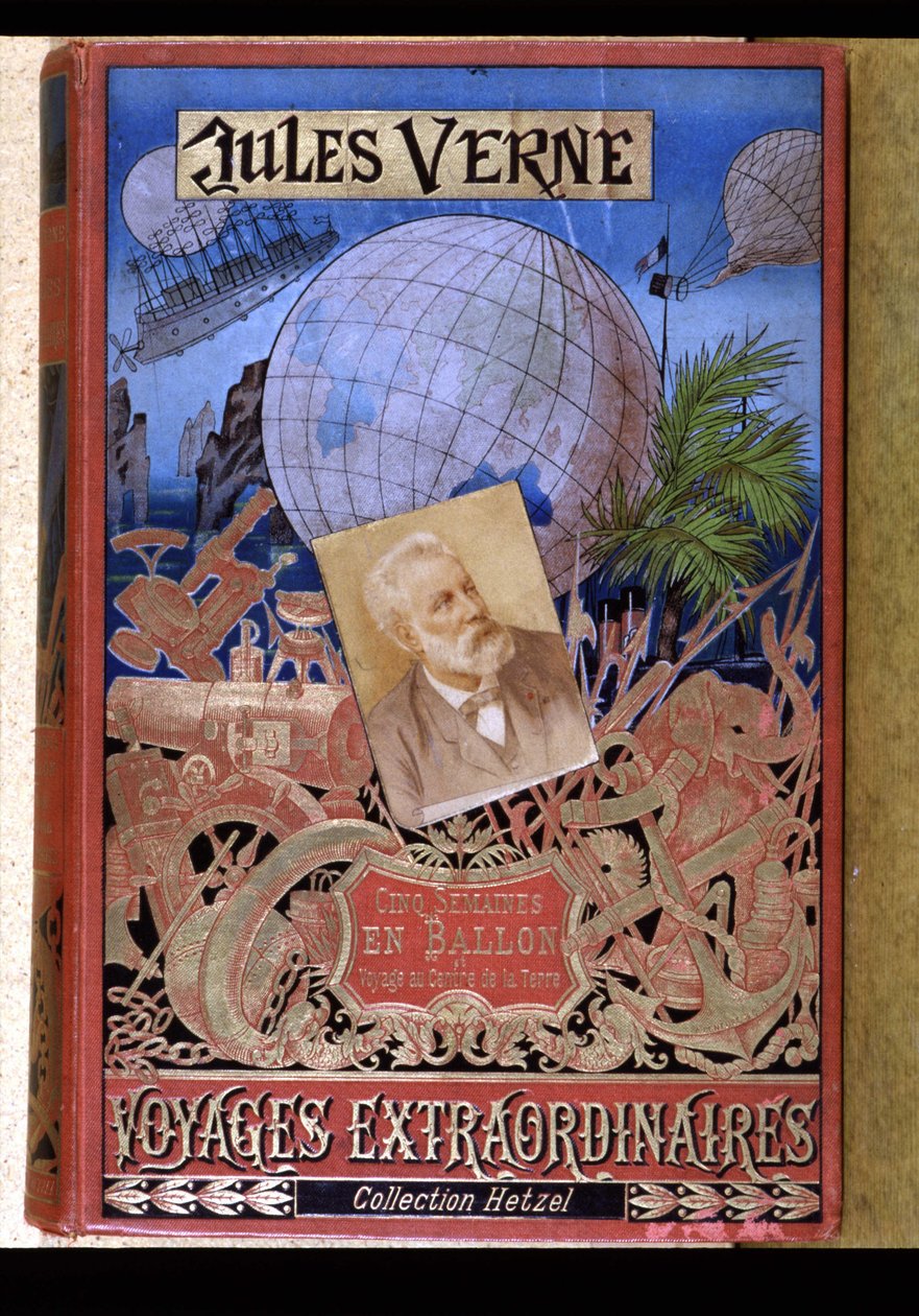 Cov. af bogen "" Extraordinary Voyages: Five Weeks in Balloon and Voyage au Centre de la Terre" af Jules Verne, red. Hetzel af Unknown artist