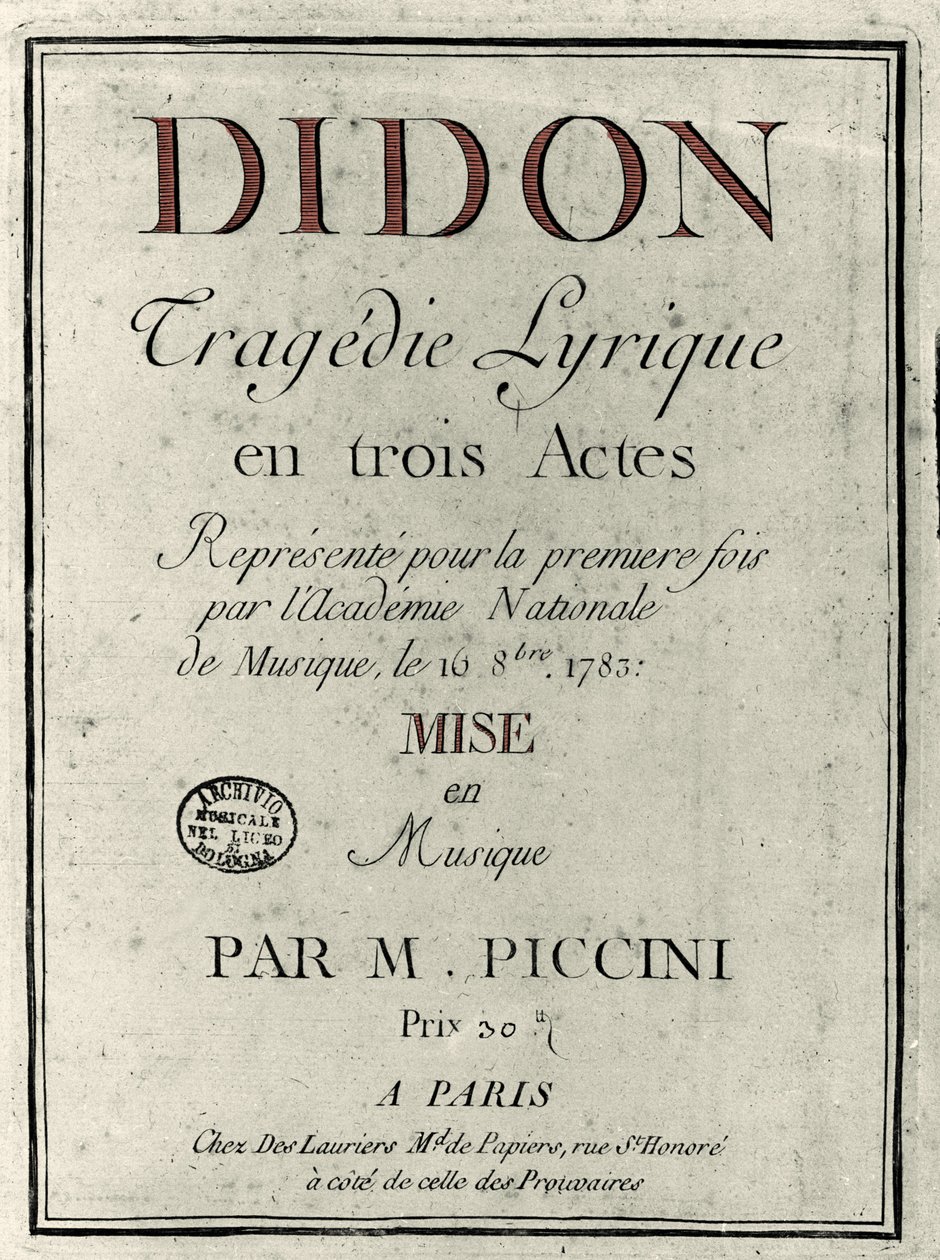 Cover af librettoen til operaen "" Didon"" af komponisten Niccolo Vito Piccini (eller Piccini) (1728-1800). 1783 af Unknown artist