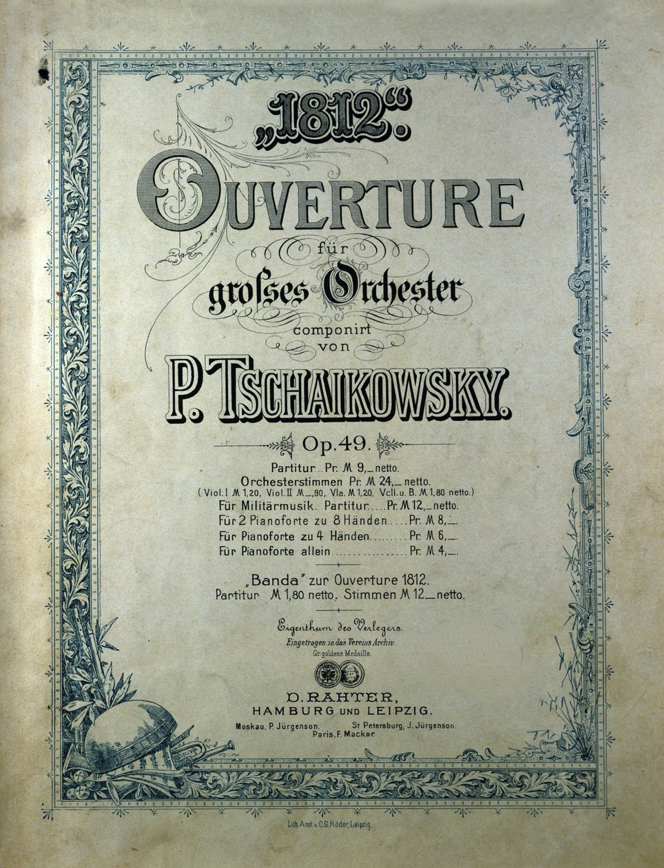 Cover til åbningspartituret "" Året 1812""" opus 49 af Piotr eller Petr Iljitsj Tjajkovskij (eller Tjajkovskij eller Ciajkovskij eller Tjajkovskij af Unknown artist