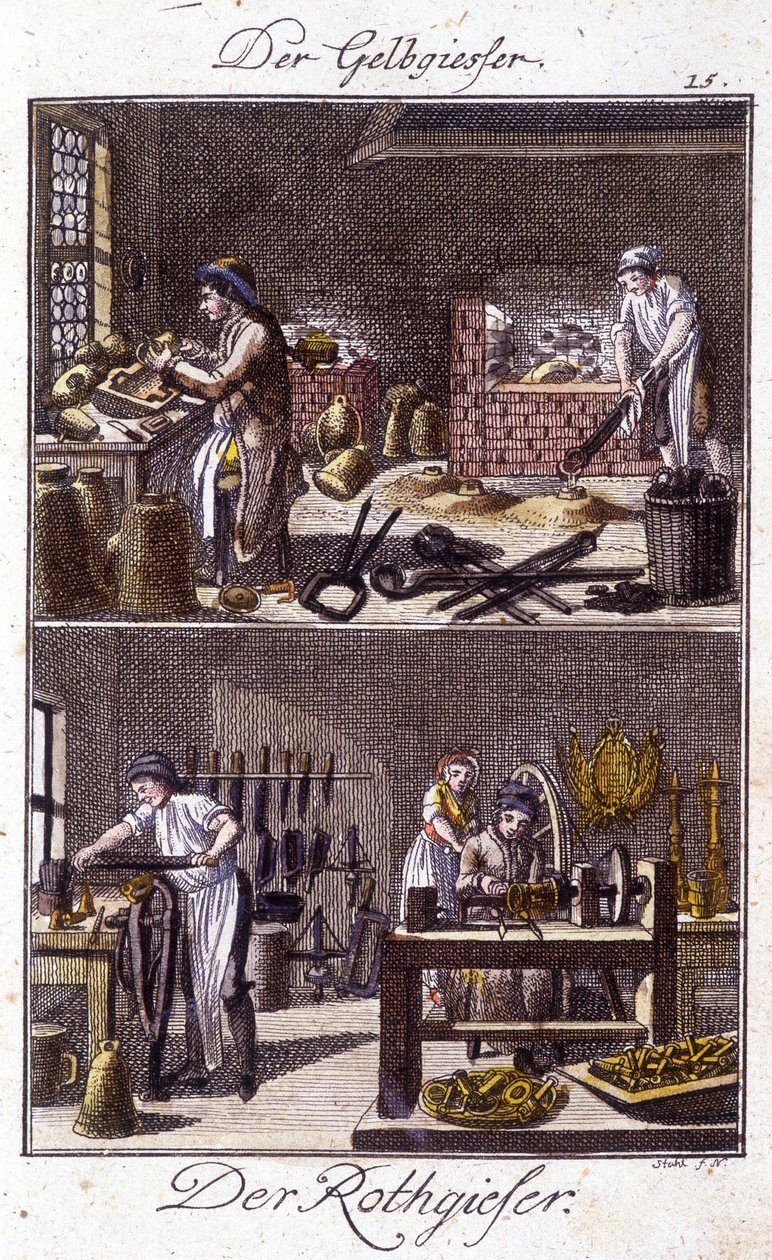 Håndværk: kobbersmelter og dinandier i deres værksteder. I “” Omfattende beskrivelse af kunsthåndværk og værksteder for unge”” af Johan Peter Vire. Ed. Nürnberg, Weigel og Schneider af Unknown artist