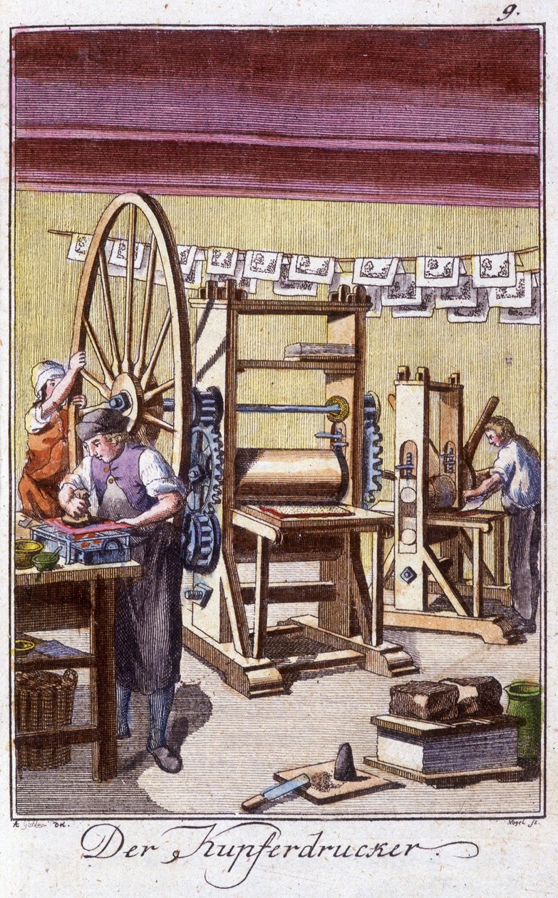 Håndværk: kobberstikkeren i sit værksted. I "" Omfattende beskrivelse af kunsthåndværk og værksteder for unge"" af Johan Peter Vire. Ed. Nürnberg, Weigel og Schneider af Unknown artist