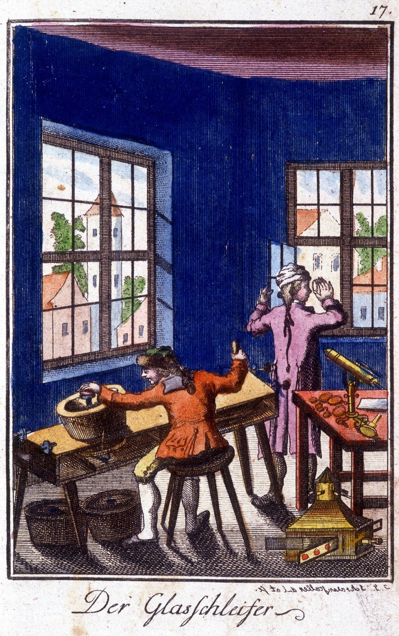 Håndværk: glasskrædderen i sit værksted. I "" Omfattende beskrivelse af kunsthåndværk og værksteder for unge"" af Johan Peter Vue. Ed. Nürnberg, Weigel og Schneider af Unknown artist