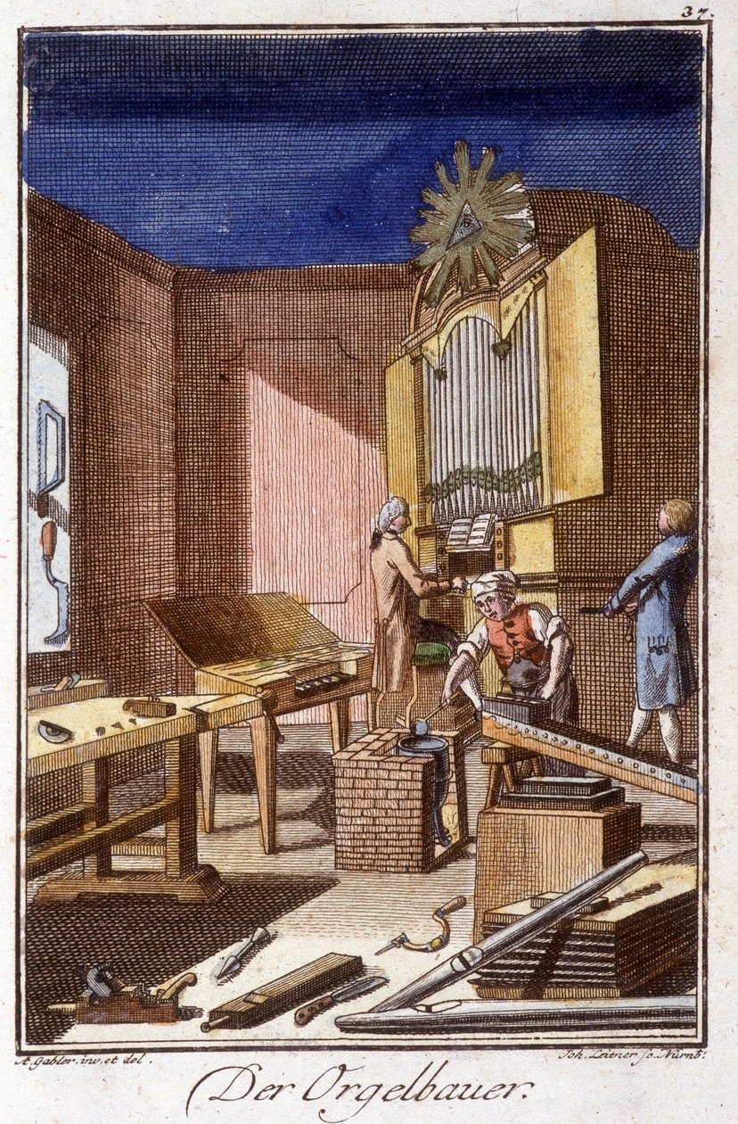 Håndværk: orgelbyggeren i sit værksted. I "" Omfattende beskrivelse af kunsthåndværk og værksteder for unge"" af Johan Peter Vue. Ed. Nürnberg, Weigel og Schneider af Unknown artist