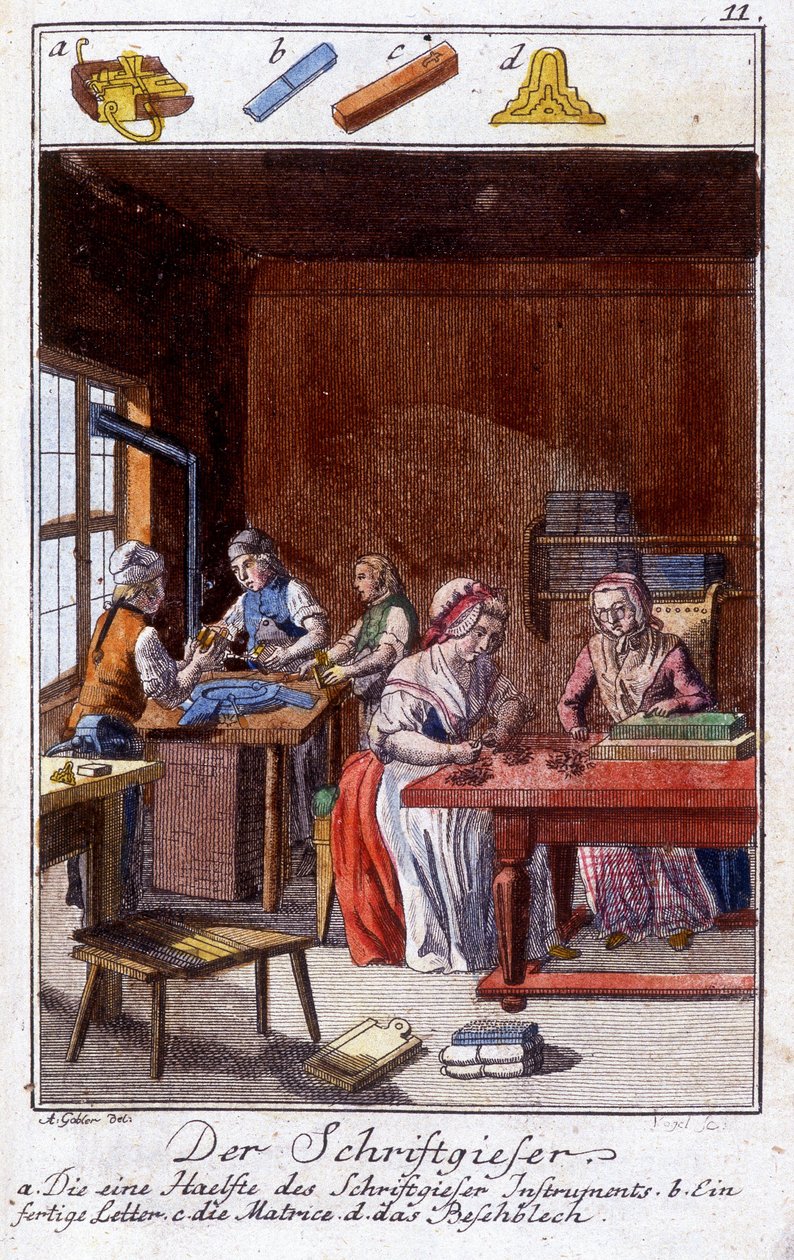 Håndværk: skrivemaskinen i hans værksted. I "" Omfattende beskrivelse af kunsthåndværk og værksteder for unge"" af Johan Peter Vue. Ed. Nürnberg, Weigel og Schneider af Unknown artist