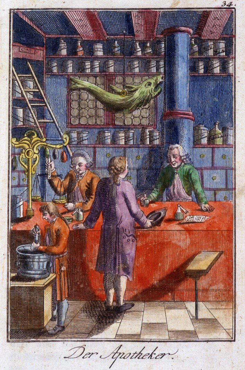 Håndværk: apotekeren (apotekeren) i hans værksted. I “” Omfattende beskrivelse af kunsthåndværk og værksteder for unge”” af Johan Peter Vire. Ed. Nürnberg, Weigel og Schneider af Unknown artist