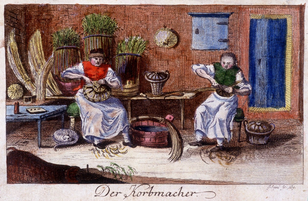 Håndværk: kurvemageren på sit værksted. I "" Omfattende beskrivelse af kunsthåndværk og værksteder for unge"" af Johan Peter Vue. Ed. Nürnberg, Weigel og Schneider af Unknown artist