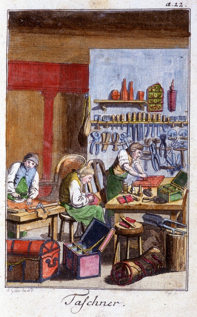 Håndværk: pochetieren og gibecieren i deres værksted. I "" Omfattende beskrivelse af kunsthåndværk og værksteder for unge"" af Johan Peter Vue. Ed. Nürnberg, Weigel og Schneider af Unknown artist