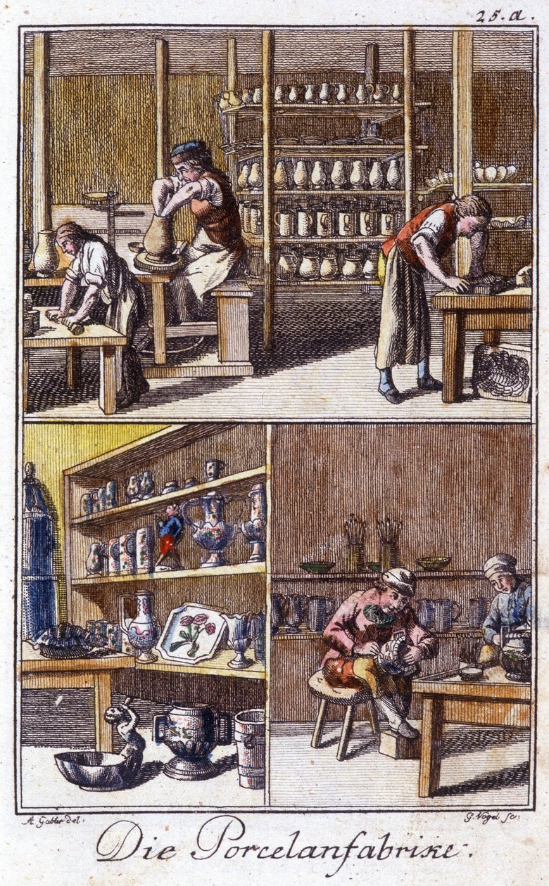 Håndværk: porcelænsmageren på sit værksted. I "" Omfattende beskrivelse af kunsthåndværk og værksteder for unge"" af Johan Peter Vue. Ed. Nürnberg, Weigel og Schneider af Unknown artist