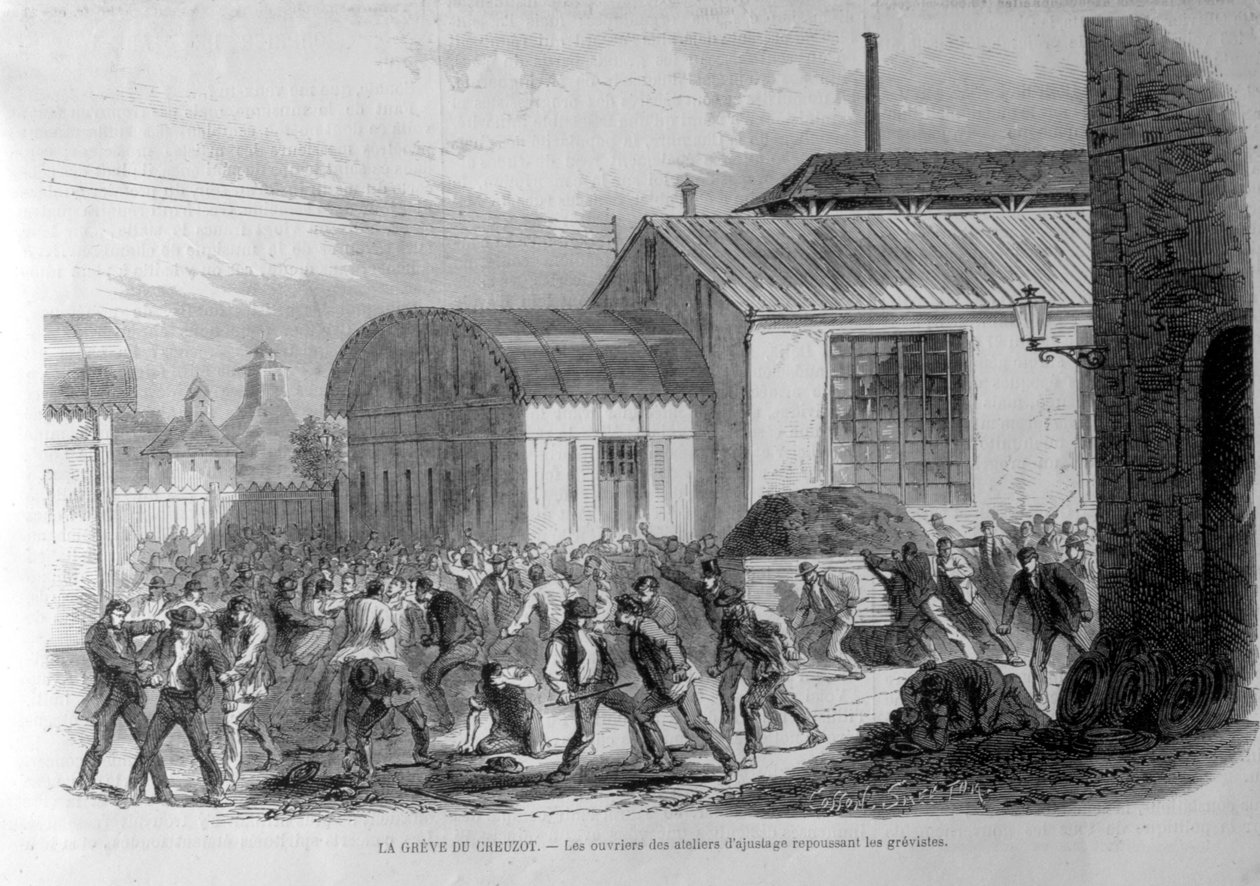 Creusot strejke. Arbejderne i tilpasningsbutikkerne afviser de strejkende. Gravering 1800-tallet. af Unknown artist