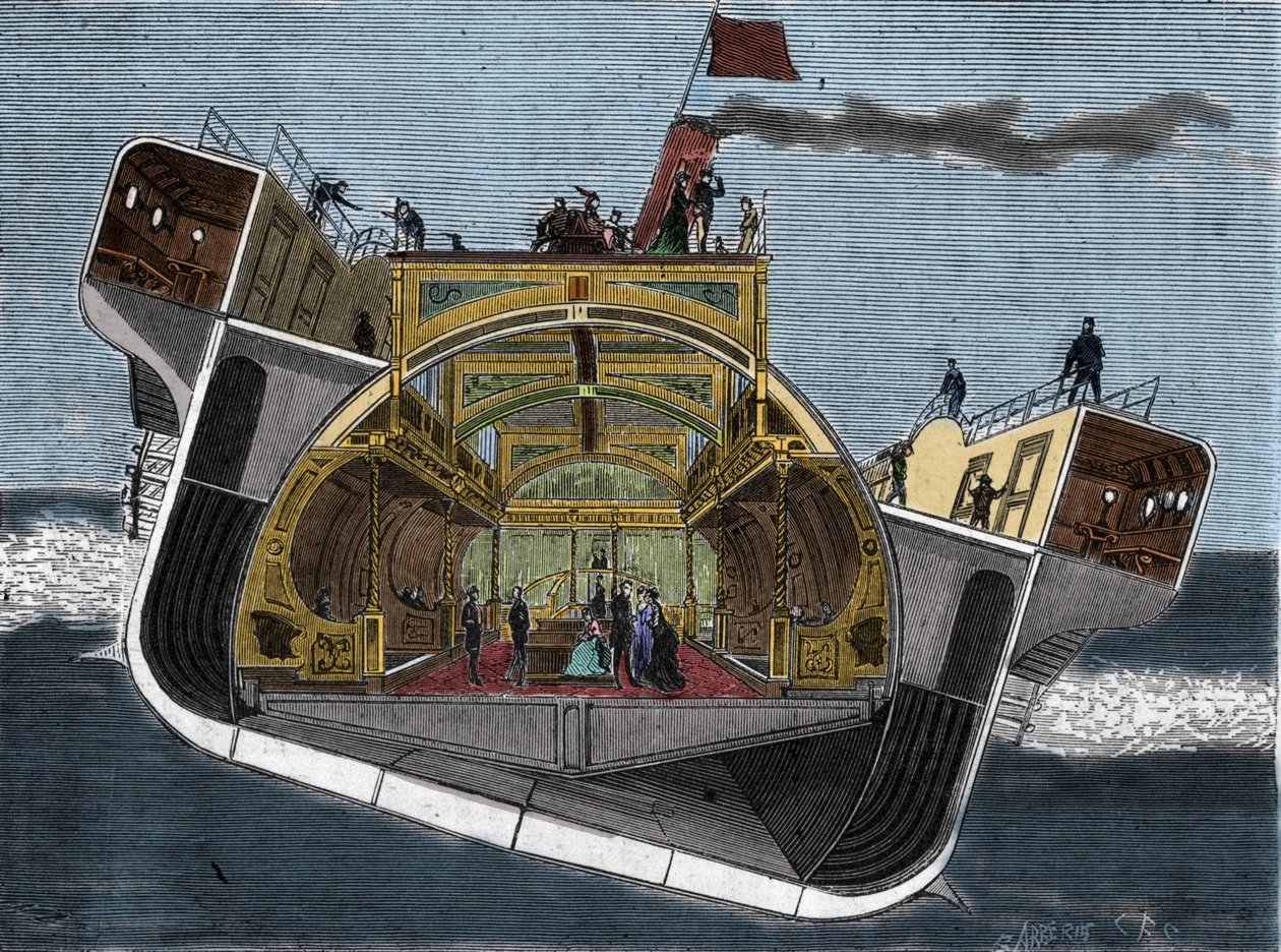Tværsnit af en båd designet mod søsyge af Henry Bessemer (1813-1898). Gravering 1800-tallet. af Unknown artist