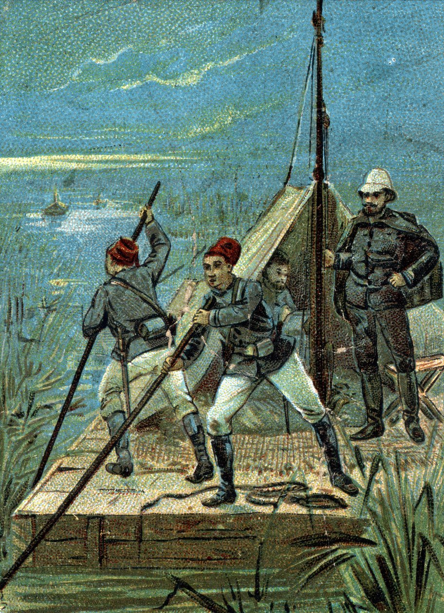 Krydser marsken ved Bahr el Ghazal i Afrika ved Marchand-missionen i 1899. Liebig-kromolitografi fra det 19. århundrede af Unknown artist