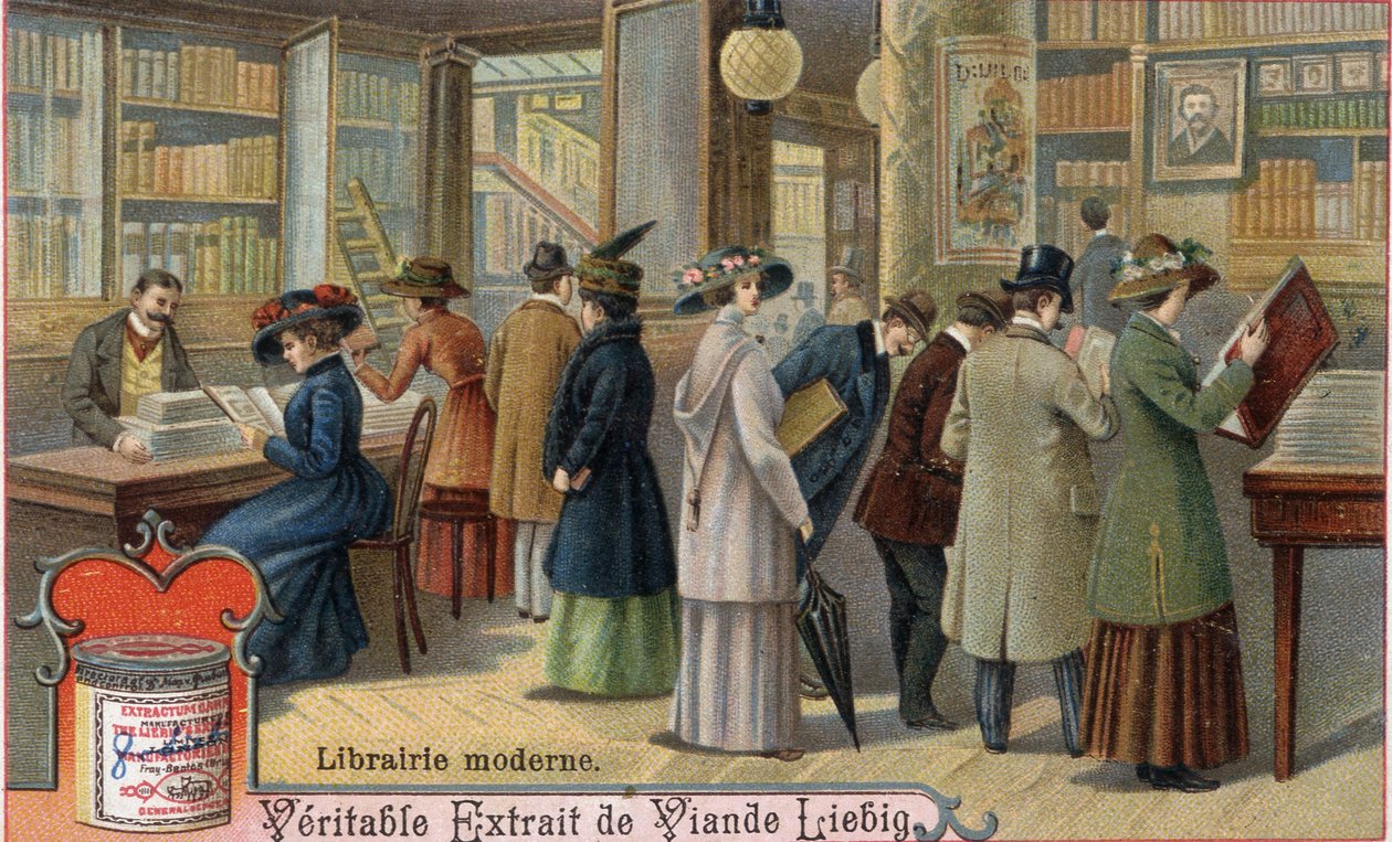 Kunder og boghandler i en moderne boghandel, slutningen af 1800-tallet. Kromolitografi, Liebig-billede. af Unknown artist