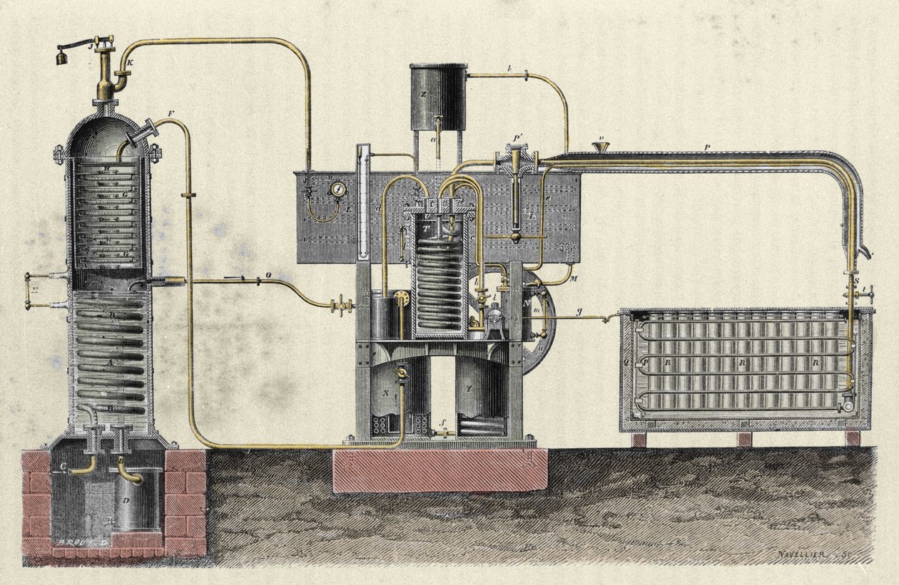 Skæring af Ferdinand Carres (1824-1894) industrielle apparat for at lave is. Indgravering af det 19. århundrede af Unknown artist