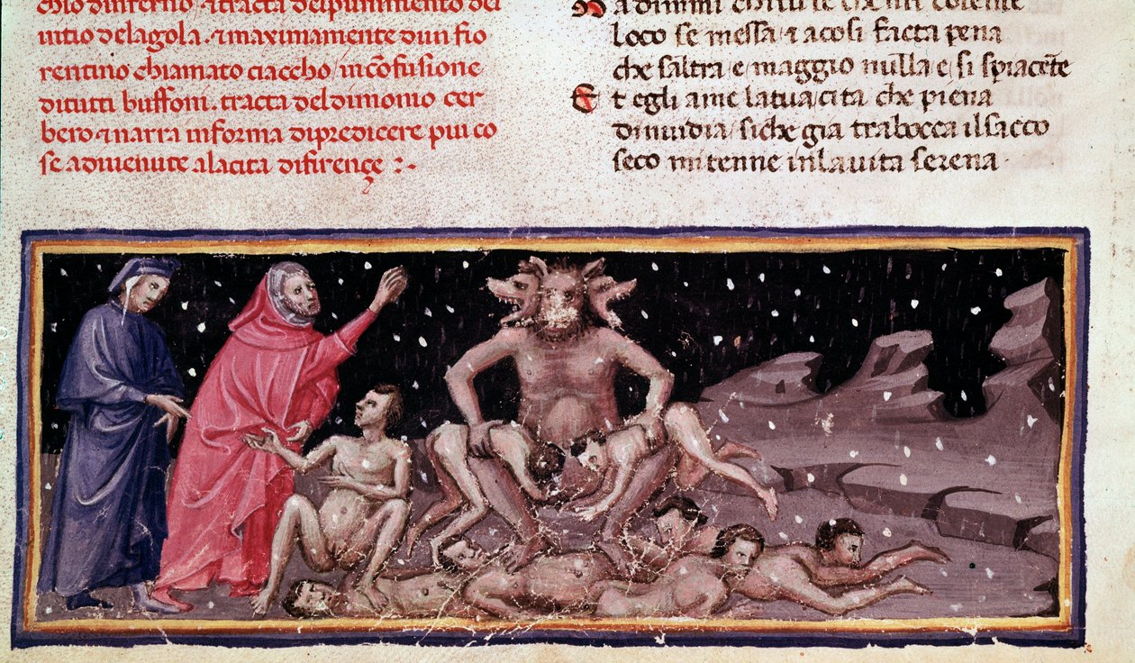 Dante og Virgil møder Ciacco og Cerbere med det frådsende (sang 9 fra Helvede, i den guddommelige komedie) - miniature af Unknown artist