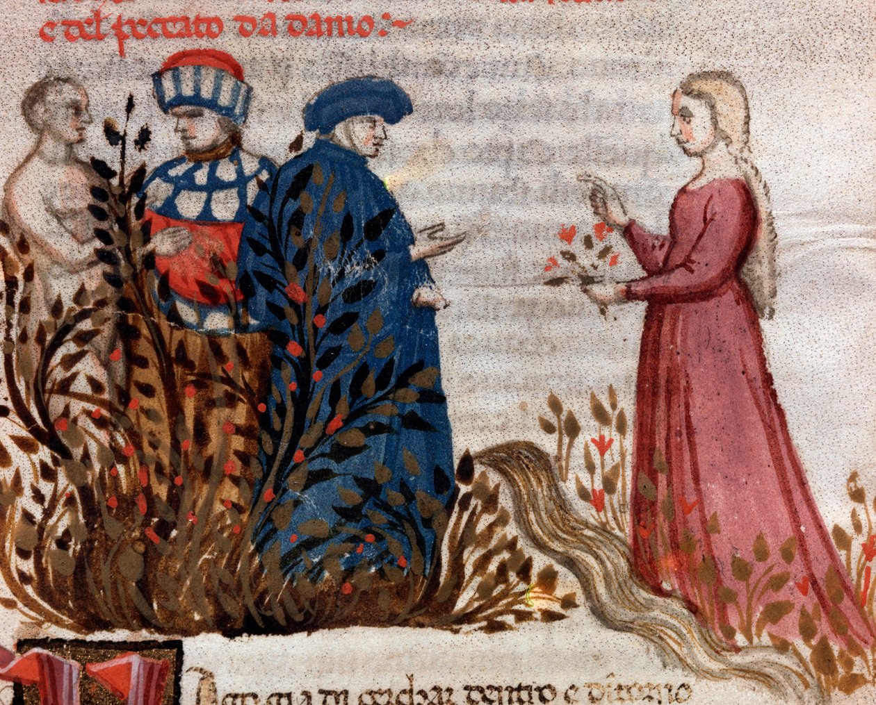 Dante møder Matelda (sang 28 fra skærsilden, i den guddommelige komedie) - miniature af Unknown artist
