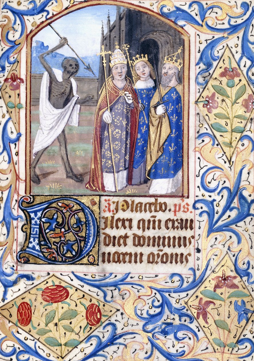 Døden med sit spyd pegende på tre skikkelser, en pave, en konge, en konge og en dronning, stående foran en gotisk kirke, ca. 1470 af Unknown artist