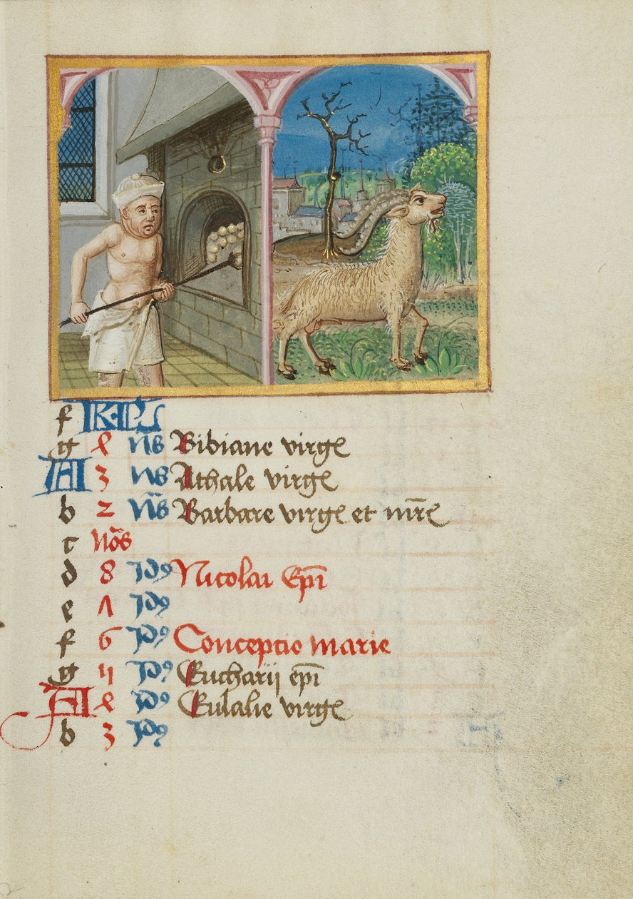 Kalenderside for december; Bagning af brød; Stenbukken af Unknown artist