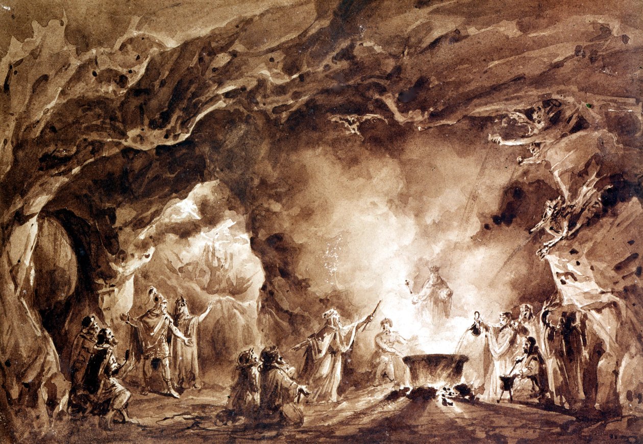 Dekoration til operaen "" Macbeth"" komponeret af Giuseppe Verdi (1813 - 1901). Aquatinte brugt til forsiden af den første udgave af 1847. af Unknown artist