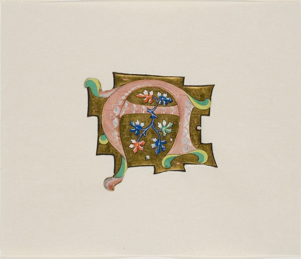 Dekoreret initial "A" i pink med seks blade og to kugler, fra en koralbog af Unknown artist