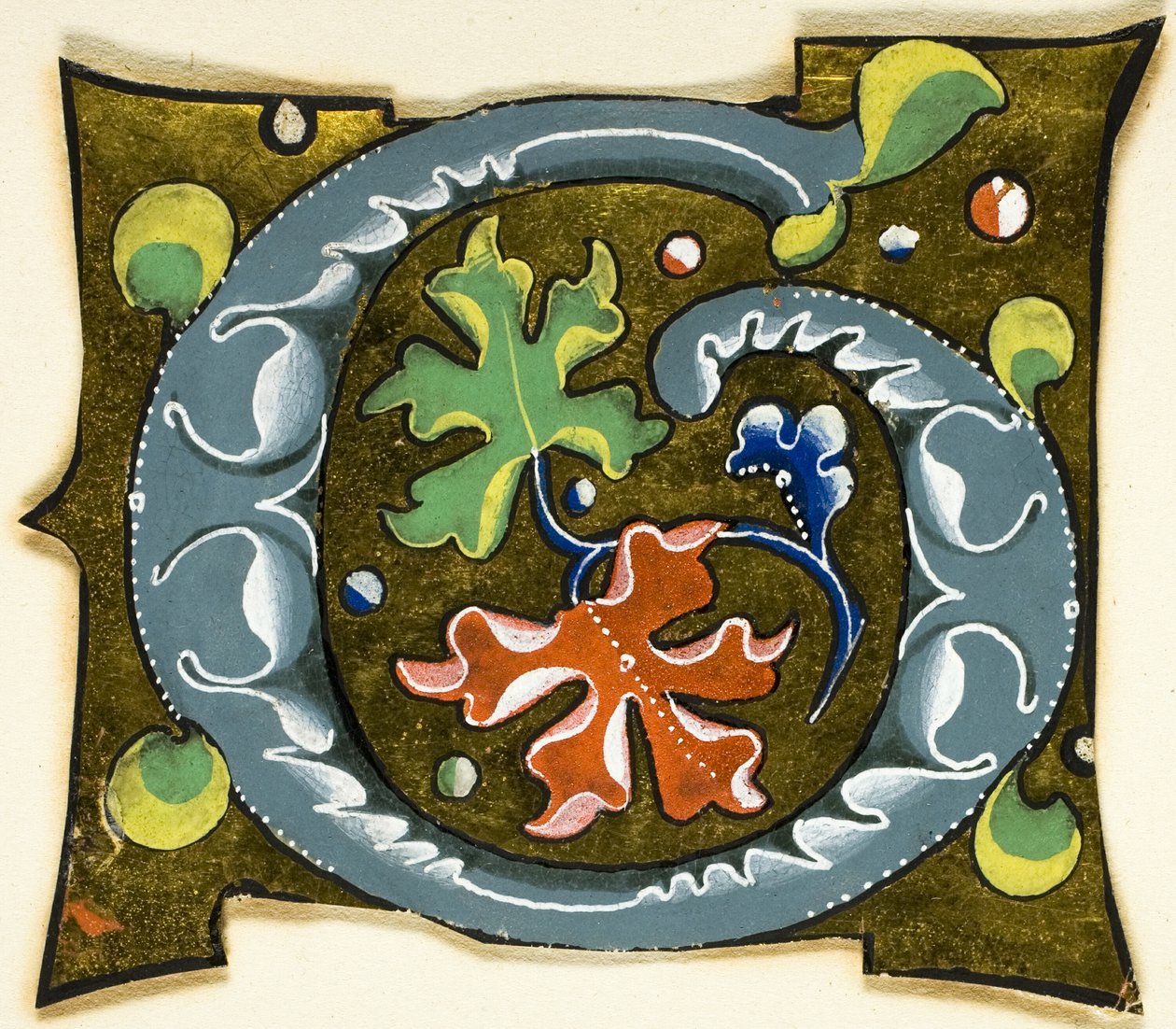 Dekoreret initial "G" i grå med røde, grønne og blå blade fra et manuskript af Unknown artist