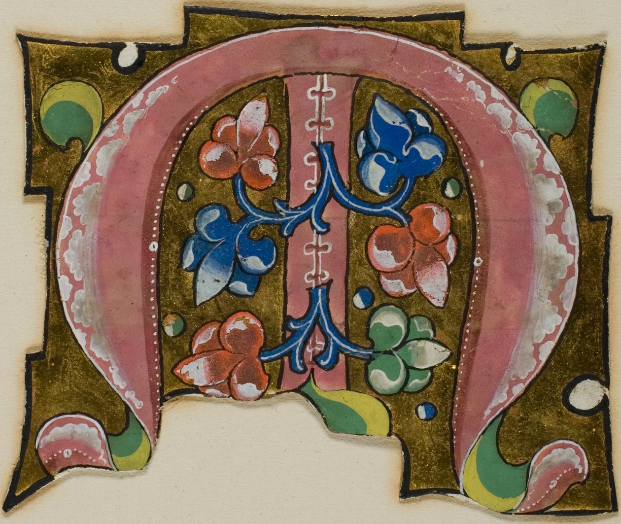 Dekoreret initial "M" i pink med konventionelle blade fra en koralbog af Unknown artist