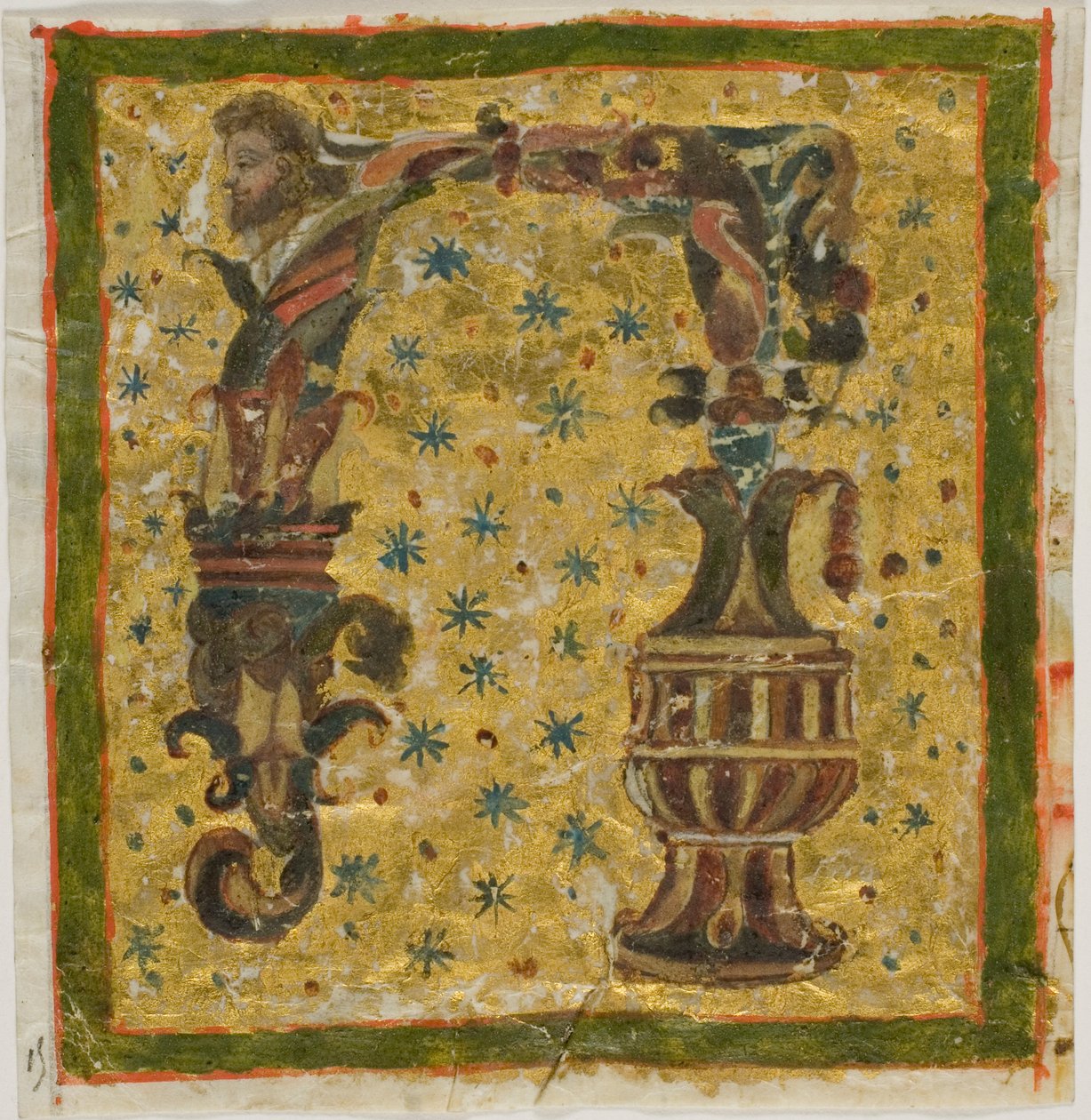 Dekoreret initial "N" med terme (eller grotesk) og urne fra et manuskript af Unknown artist