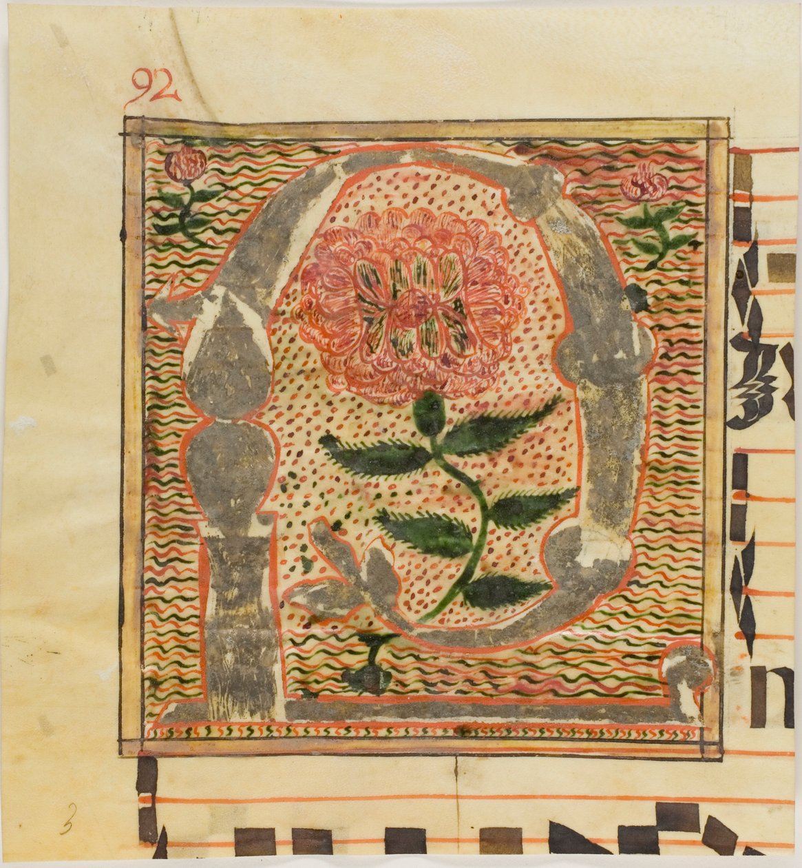 Dekoreret initial "P" med roser fra et manuskript af Unknown artist