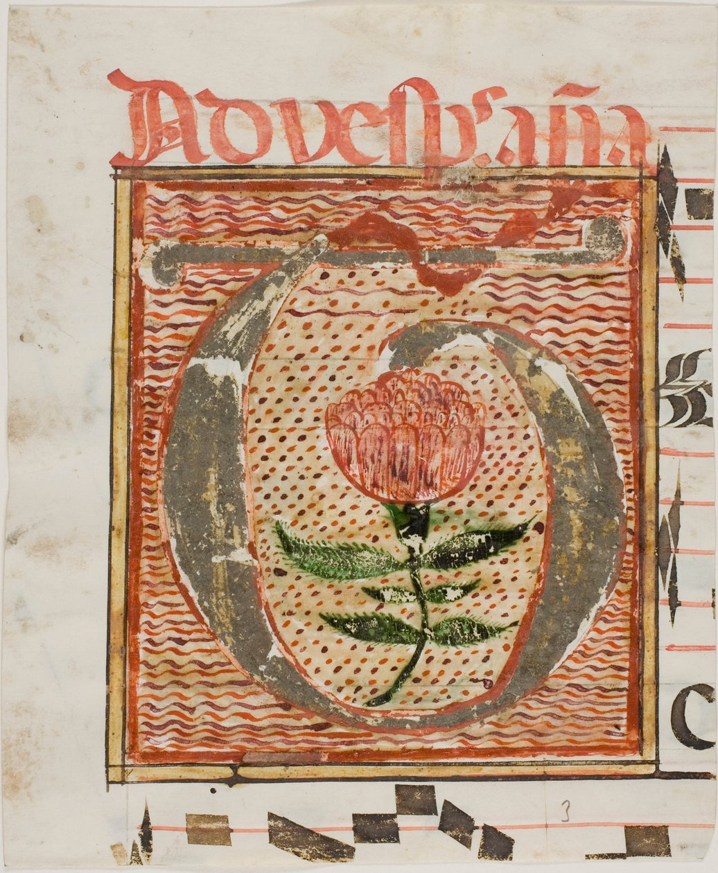 Dekoreret initial "T" med blomst fra et manuskript af Unknown artist