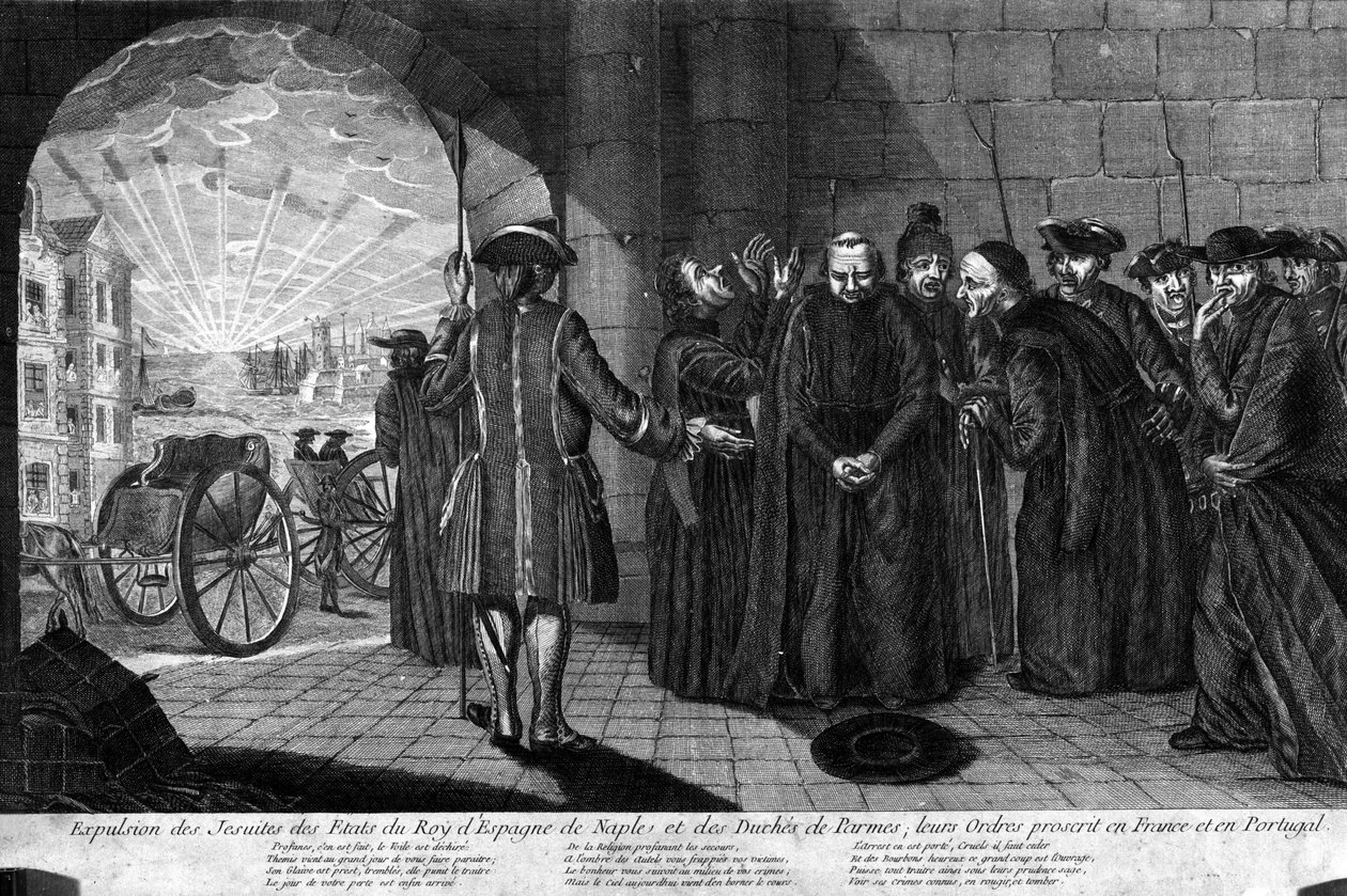 Deportation af jesuiterne den 21/07/1773: Udvisning af jesuiter fra staterne af kongen af Spanien, Napoli og hertugdømmet Parma, deres ordrer forbudt i Frankrig og Portugal. Stik fra begyndelsen af 1800-tallet af Unknown artist