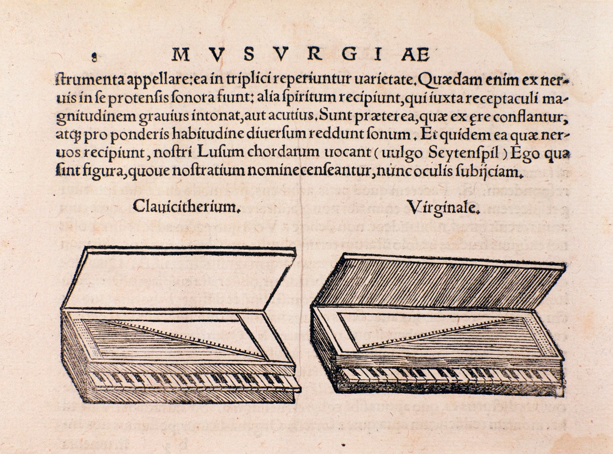 Beskrivelse af cembalo og spinet. Side fra Musurgia eller udøvelse af musik af Unknown artist