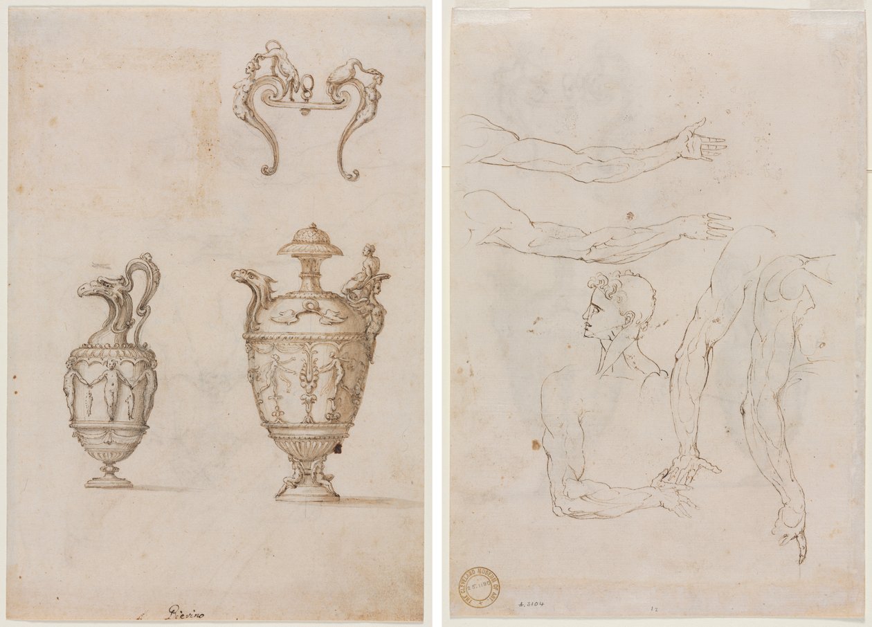 Design til to vaser og et ornament (recto); Skitser af fem arme og et hoved (verso) af Unknown artist