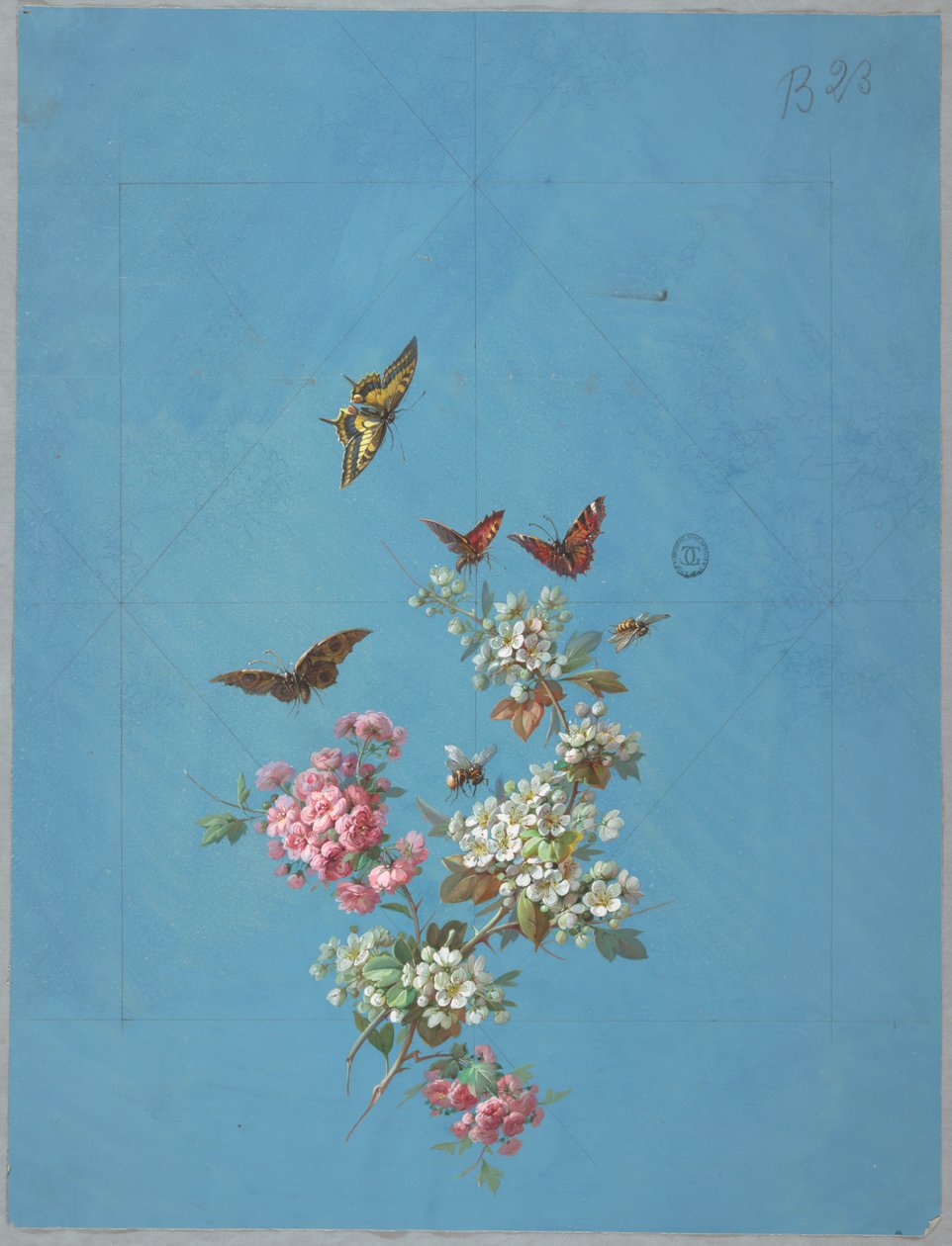 Design til tapet og tekstiler: Blomster og sommerfugle af Unknown artist