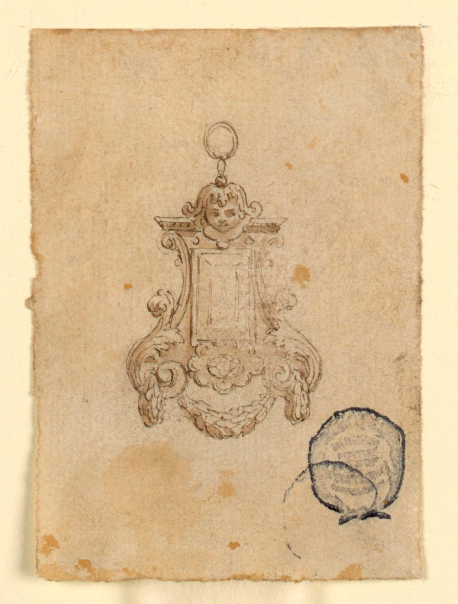 Design til et vedhæng med bladvolutter og barnehoved af Unknown artist