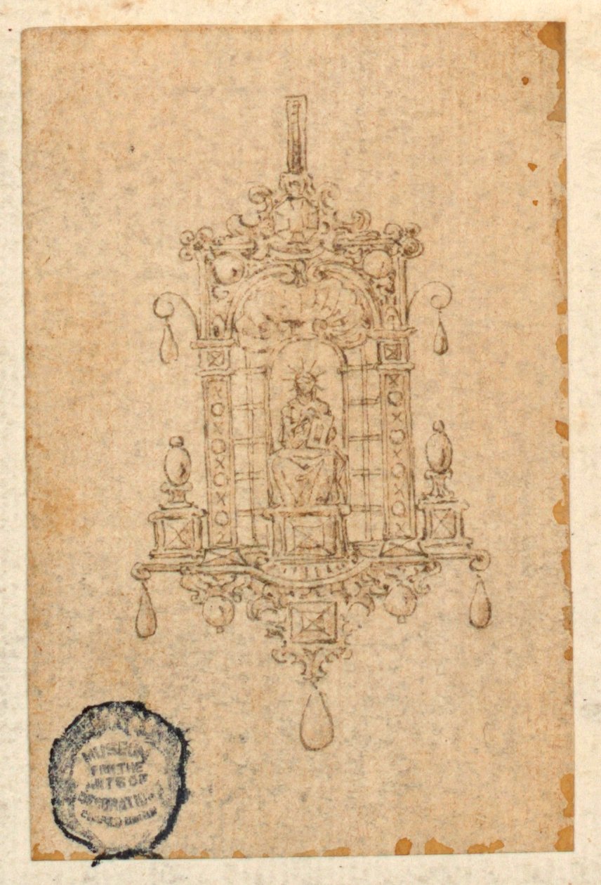 Design til et vedhæng med siddende kvinde med bog af Unknown artist