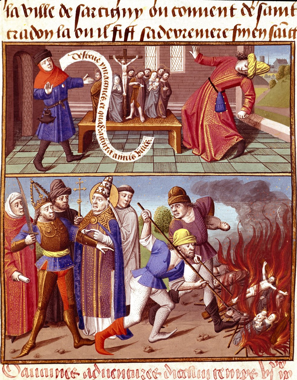 Ødelæggelse af hellige genstande og indgreb fra pave Gregoire I den Store (540-604) Miniature i "" Le miroir historial"" (Speculum Historiale) (ms. 1196) af Vincent de Beauvais (1190-1264) oversat til fransk af Jean de Vignay af Unknown artist