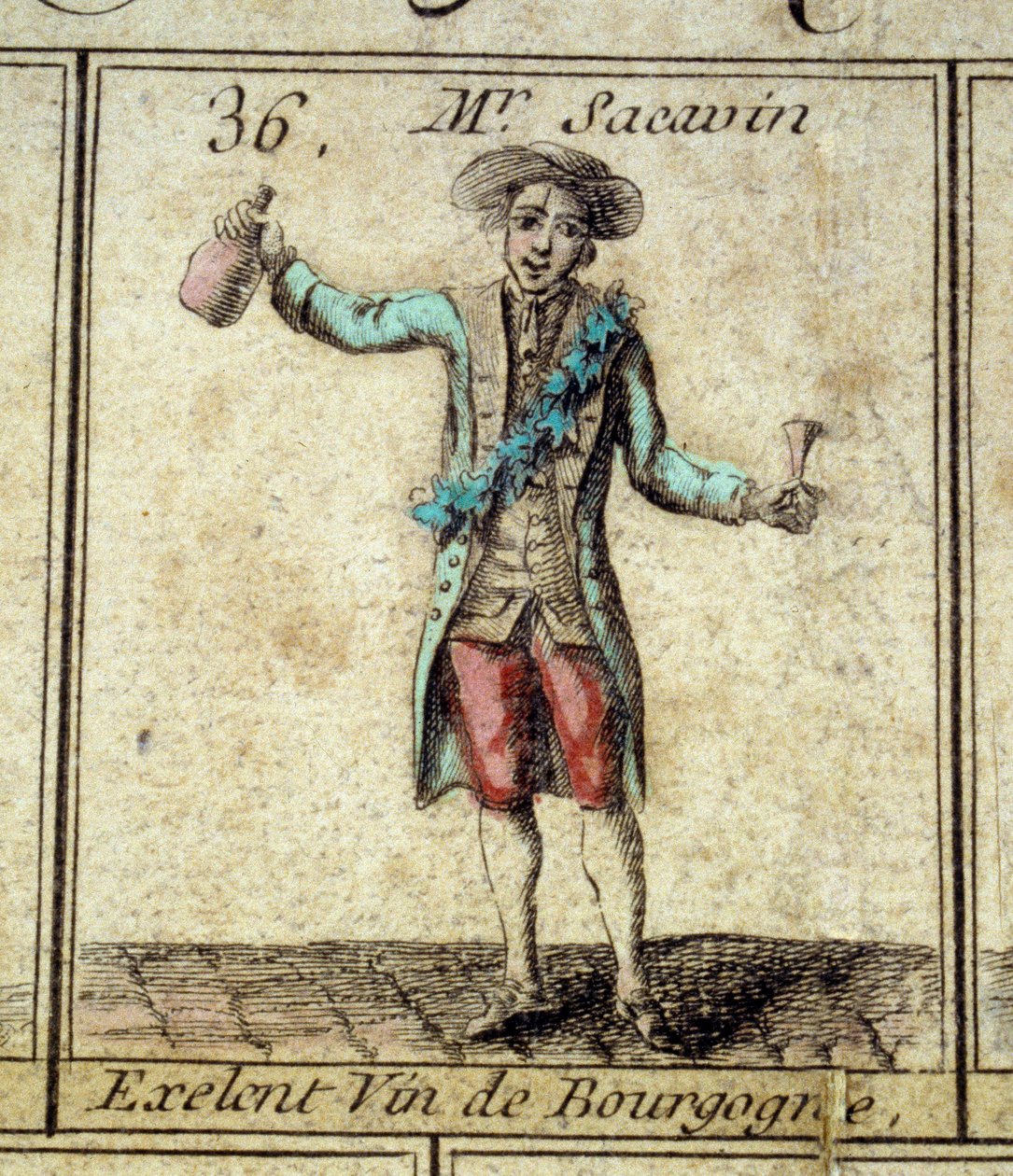Detalje af spillet med Goose of the Cree of Paris: Mr. Sacavin, vindrikker fra Bourgogne. Stik af det 18. århundrede. Saml. Gå. af Unknown artist