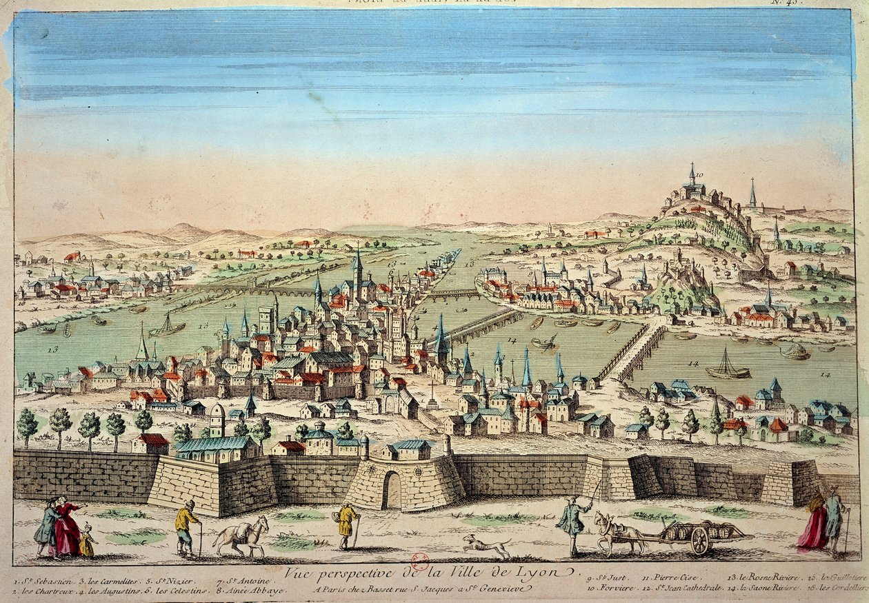 Detaljeret udsigt over byen Lyon ved bredden af Rhône og Saone. Indgravering af det 17. århundredes Paris B.N. af Unknown artist